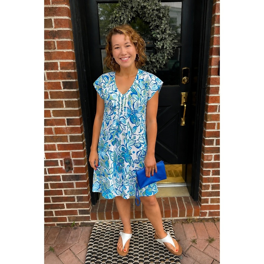 Fresh Produce Vintage Dress M White Blue Floral USA Made 90s Cottagecore Beach